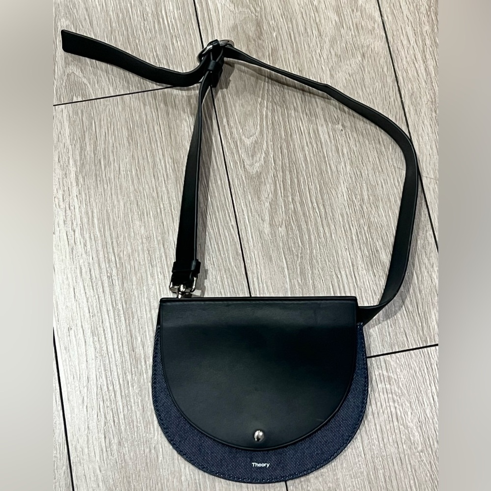 Theory Leather Belt Bag Crossbody Black Denim Trim NWOT